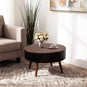 31.5-inch round coffee table with storage function, featuring an engraved tabletop, is an ideal beverage table for small spaces, serving as a modern-style accent side table suitable for living rooms,