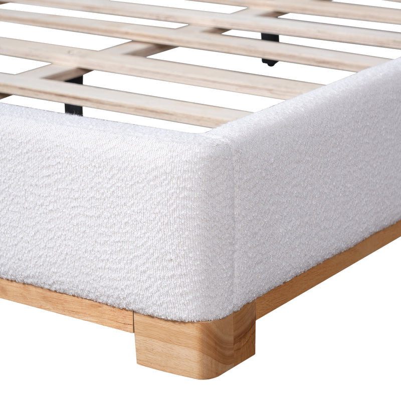 Queen Size Bed Frame with Boucle Upholstered Curved Headboard, Solid Wood Base, White