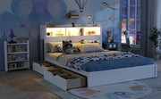 Queen Size Bed with Drawers, Wood Queen Bed with Storage Headboard and Pull Out Storage Cabinet, Wood Bed with Light and Socket, White(Expect Arrival Date 2026/7/30)