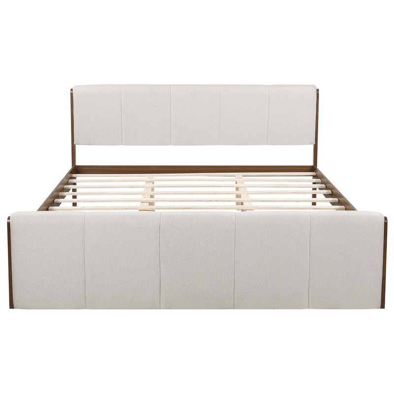 King Size Upholstered Bed Frame, Walnut Wood Trim with Grey Fabric, Pine Wood with MDF, 600 LBS Weight Capacity, Fits 8'-10' Mattress, No Box Spring Needed