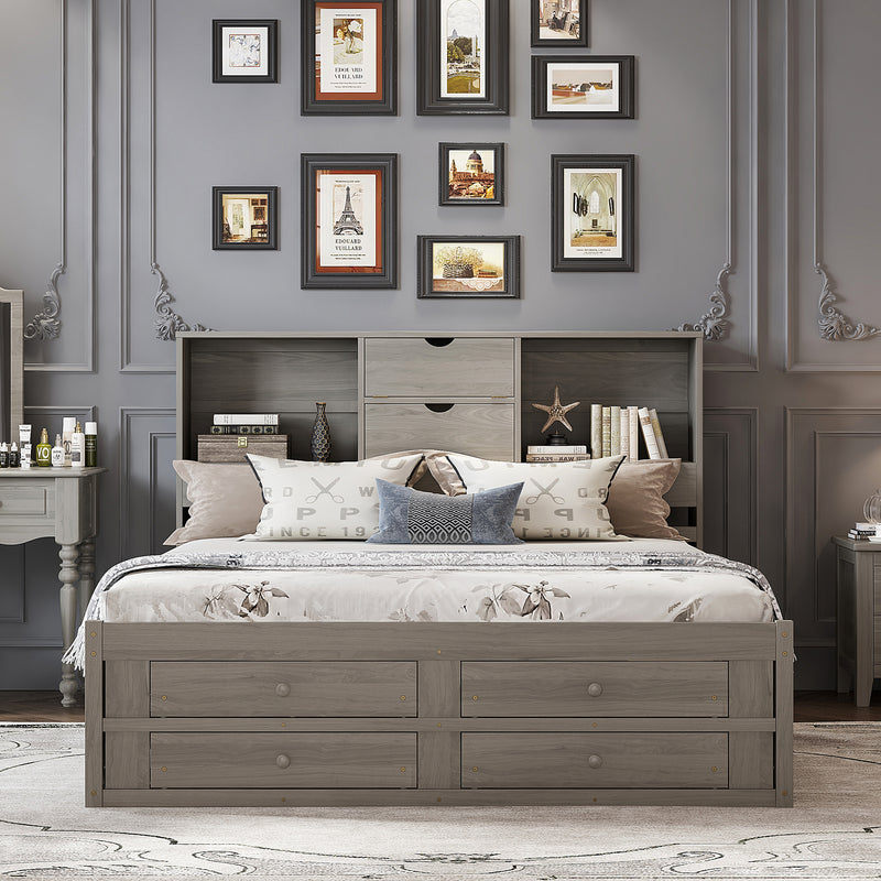 King Size Platform Bed with Storage Headboard and 8 Drawers, Gray