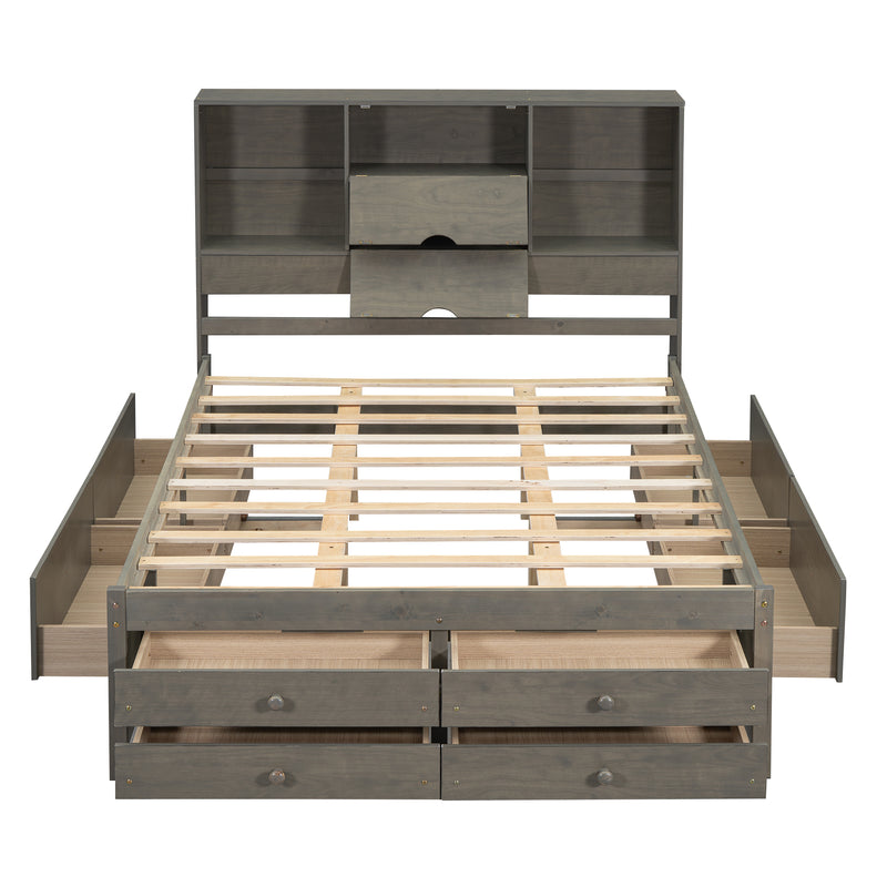 Queen Size Platform Bed with Storage Headboard and 8 Drawers, Gray