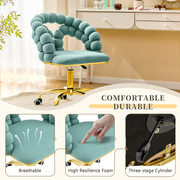 Modern Velvet Adjustable Swivel Desk Chair with Bubble Back, Upholstered Vanity Chair with Gold Metal Base, Rolling Office Chair for Home Office, Bedroom, Makeup Room, Blue (Set of 1)