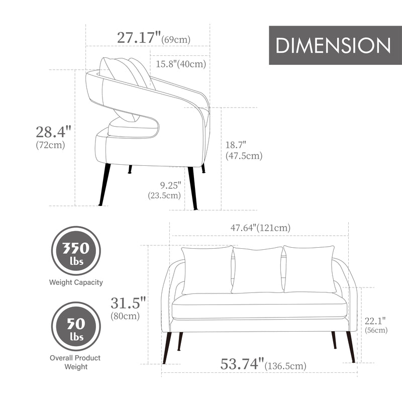 Modern Upholstered Velvet Open Back Loveseat Settee with 3 Pillows, Beige, Metal Legs, 53.7'