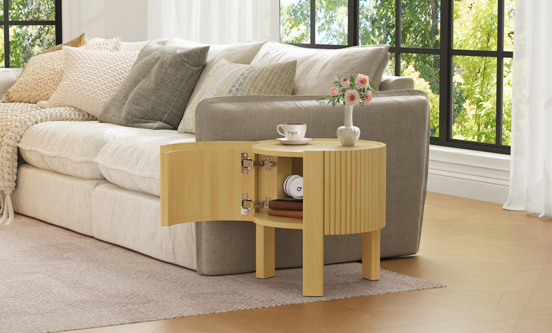 Round Fluted Side Table with Storage for Living Room, Rubber Solid Wood, Soft-close Door, Natural, 19.6'