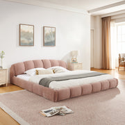 King Size Elegant Chenille Upholstered Platform Bed Frame, Thick Curved Headboard & Wrapped Footboard, Low Profile Floor Bed, No Box Spring Required, Easy Assembly, Pink