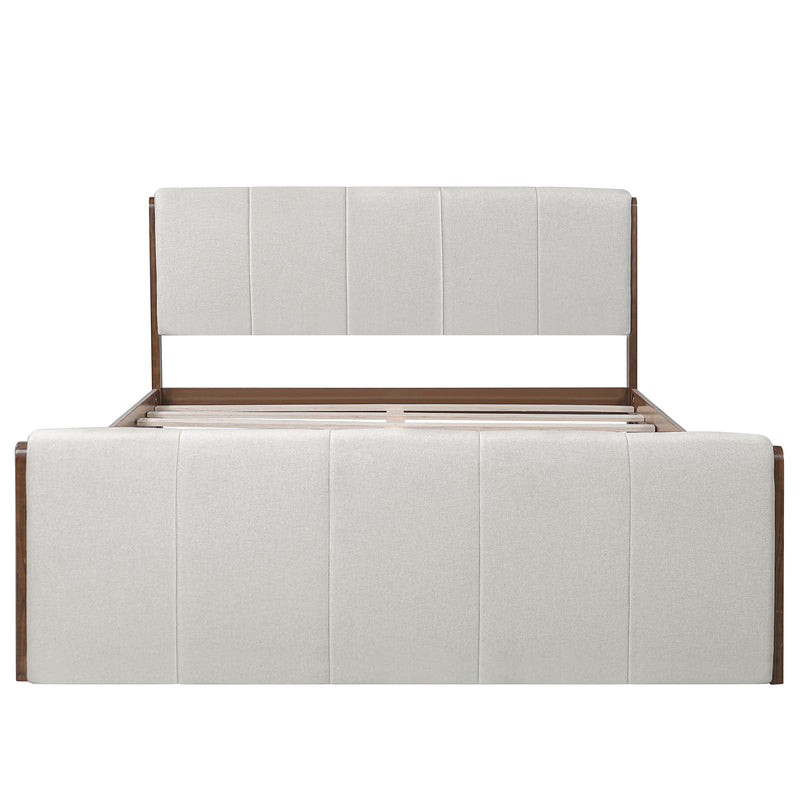 Queen Size Upholstered Bed Frame, Walnut Wood Trim with Grey Fabric, Pine Wood with MDF, 500 LBS Capacity, Fits 8'-10' Mattress, No Box Spring Needed
