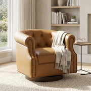Brown 360° Swivel Accent Chair with PU Leather Upholstery and Bent Wood Base, Curved Back Club Chair for Living Room and Bedroom