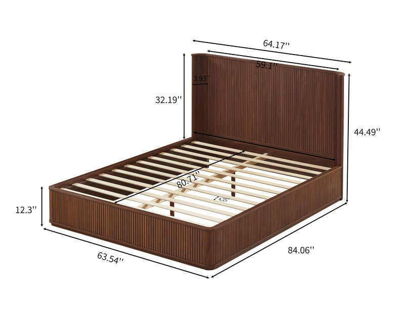 Walnut Corrugated Wave Wood Headboard Platform Bed frame, 44' Tall Headboard Queen Size Bed Frame, Modern Minimalist, Easy Assembly, No Box Spring Required