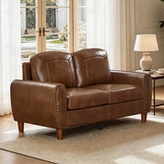 Classic Living Room Sofa Loveseat Faux Leather Couch,Rolled Arm Sofa with Nails,Solid Wood Legs,Upholstered Breathable PU Leather Brown.