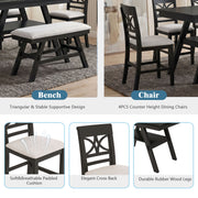 TOPMAX 6-Piece Wood Counter Height Dining Table Set with Storage Shelf, Kitchen Table Set with Bench and 4 Chairs,Rustic Style,Espresso+Beige Cushion (old sku: N717S000257AAP)