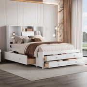 Queen Size Platform Bed with Storage Headboard and 8 Drawers, White
