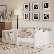 Full Size Daybed Velvet Upholstered Sofa Bed with High Side Panels and Side Entrance, Space-Saving Guest Bed with Storage Pockets, Beige