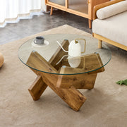 Circular glass coffee table, 33.4-inch modern and distinctive design tea table. Tempered glass countertop, wood colored MDF table legs. Suitable for living rooms and farmhouses