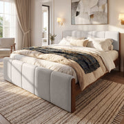 Queen Size Upholstered Bed Frame, Walnut Wood Trim with Grey Fabric, Pine Wood with MDF, 500 LBS Capacity, Fits 8'-10' Mattress, No Box Spring Needed