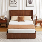 Walnut Corrugated Wave Wood Headboard Platform Bed frame, 44' Tall Headboard Queen Size Bed Frame, Modern Minimalist, Easy Assembly, No Box Spring Required
