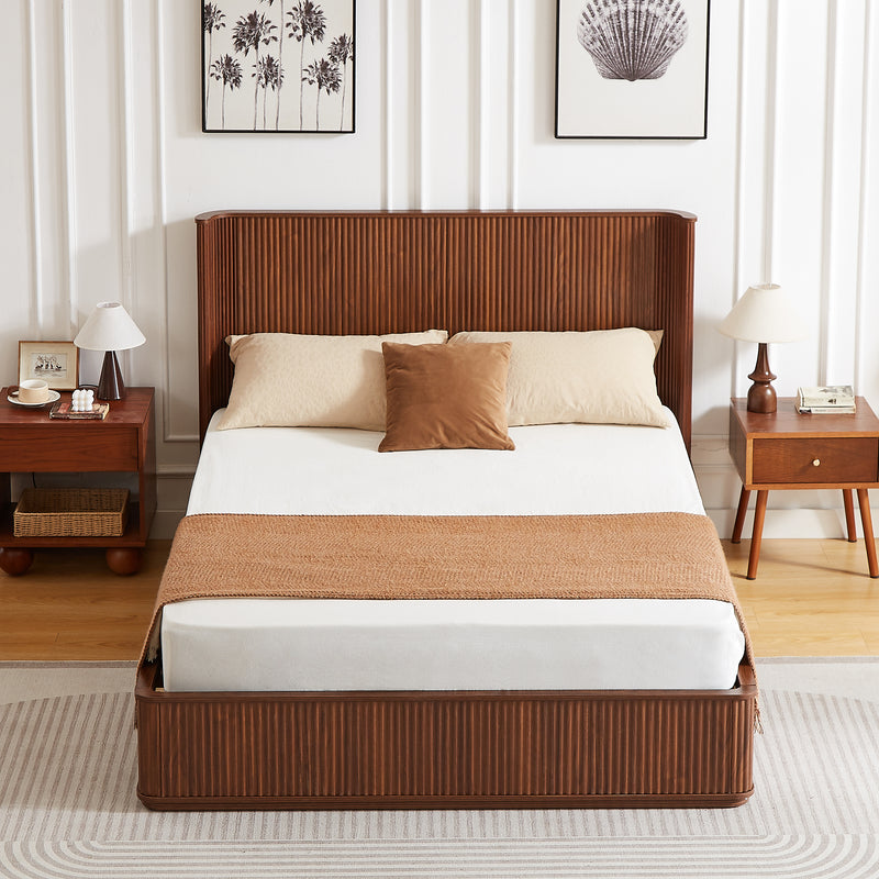 Walnut Corrugated Wave Wood Headboard Platform Bed frame, 44' Tall Headboard Queen Size Bed Frame, Modern Minimalist, Easy Assembly, No Box Spring Required