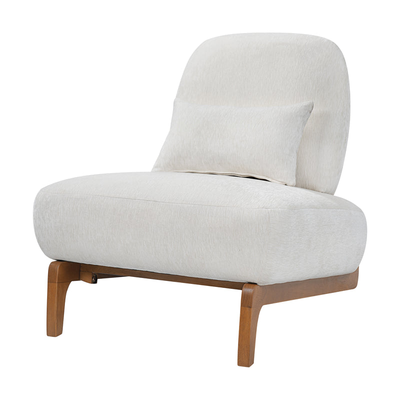 Modern Armless Accent Chair with Curved Wood Base, Linen Upholstered Slipper Chair with Lumbar Pillow, High-Back Lounge Chair for Living Room, Bedroom & Reading Nook, Cream White