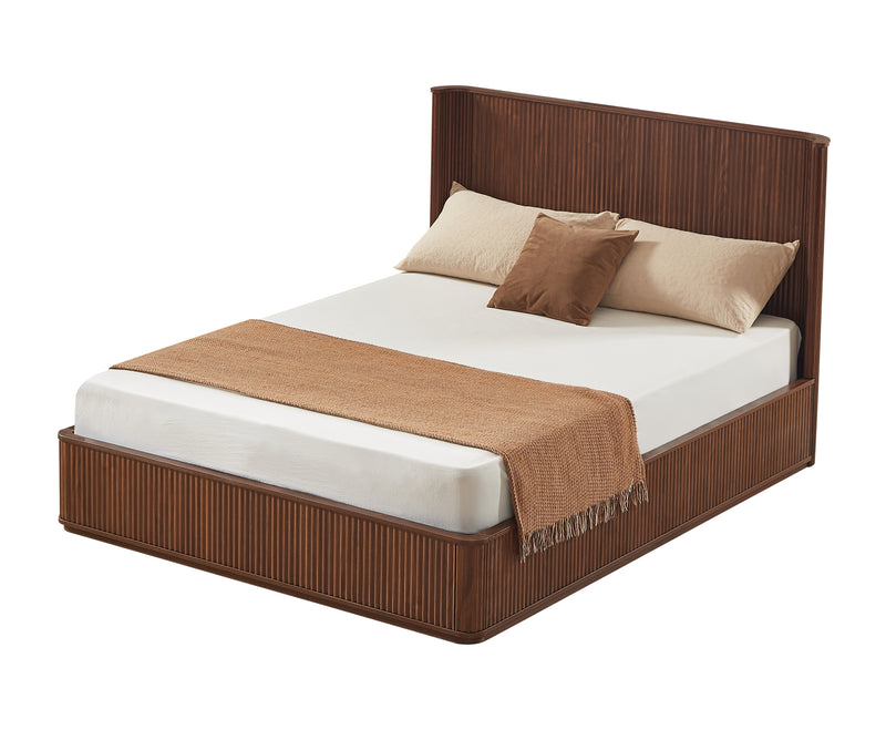 Walnut Corrugated Wave Wood Headboard Platform Bed frame, 44' Tall Headboard Queen Size Bed Frame, Modern Minimalist, Easy Assembly, No Box Spring Required