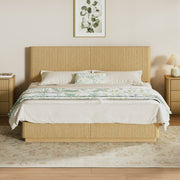 King Size Bed Frame with LED Lights, Modern Wooden Corrugated Curved Lines, Convex Groove Board Design, Oak.
