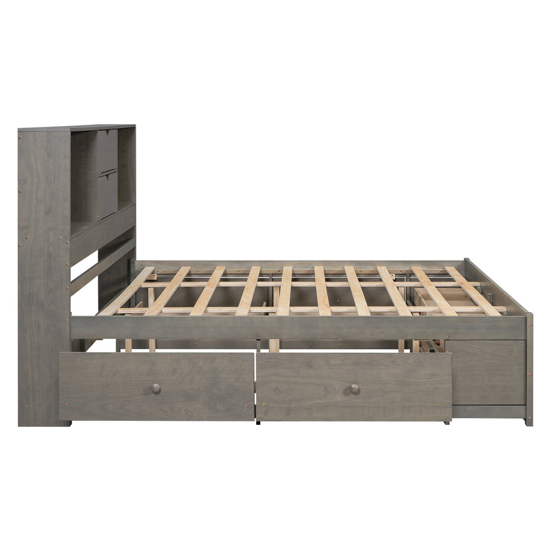 King Size Platform Bed with Storage Headboard and 8 Drawers, Gray