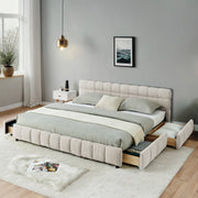 California King size Upholstered Bed ,comfortable upholstered bed frame, Chenille fabric, with headboard and solid bed frame. With drawer for storage.-Beige(90.5''*80.5''*31'')