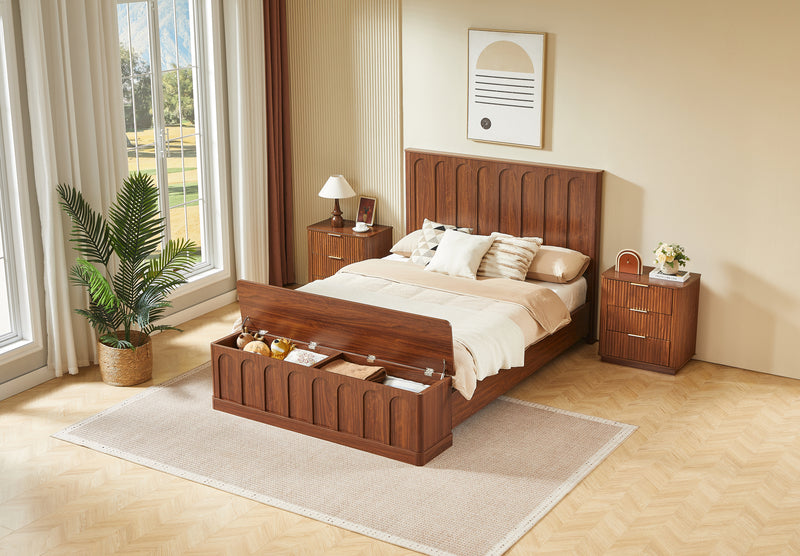 Queen Size Bed Frame with Storage, Mid-Century Modern Wood Platform Bed with Footboard Bench, Arched Panel Design, No Box Spring Needed, Walnut.