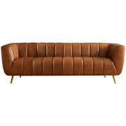 Ava Genuine Italian Leather Sofa with Channel Tufting in Tan, Solid Wood Frame, 85.5 inches for Living Room Bedroom