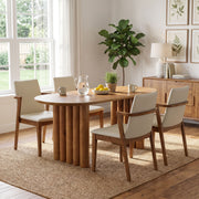 5-Piece Indoor Dining Set with Oval MDF Table and Beige PU Arm Chairs in Walnut Brown Finish
