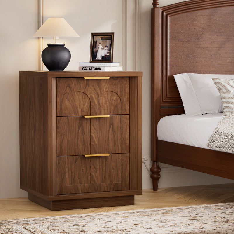 Two-piece nightstand set with arched grooves, large side table with three drawers, spacious storage side table with metal handles, suitable for bedrooms, living rooms, and offices, Walnut