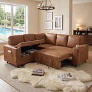 Foil Fabric upholstered L-Shape Sectional Sofa Bed with Pull Out Sleeper and Storage, Convertible Corner Couch with Cup Holders & Side Pockets for Living Room