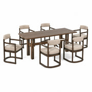 7‑Piece Dining Table Set, 71' Rectangular Rubber Wood Dining Table with 6 Upholstered Arm Chairs, Walnut Wood Frame & Beige Fabric Cushion, for Dining Room Kitchen
