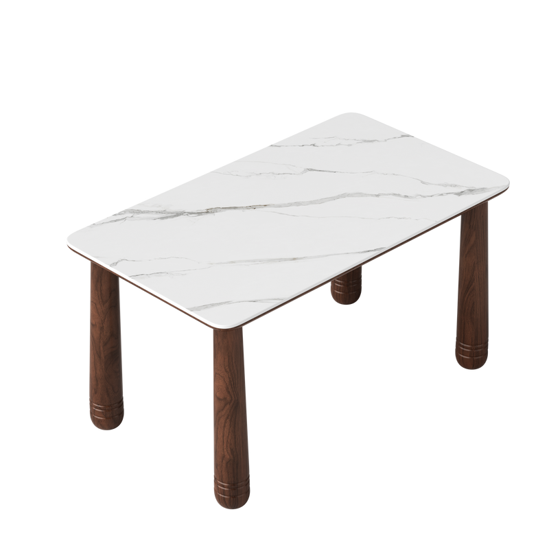 63' Sintered Stone Dining Table Set with 6 Upholstered Chairs, Farmhouse Dinner Table Set of 7 Piece with White Stone Top & Solid Wood Walnut Frame, Beige Chenille Seats, Heavy-Duty Support up to 1000