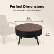 31.5-inch round coffee table with storage function, featuring an engraved tabletop, is an ideal beverage table for small spaces, serving as a modern-style accent side table suitable for living rooms,
