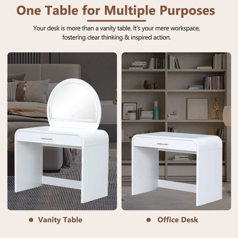 Makeup Vanity Table With Mirror Touch Screen Lighted Mirror, Dressing Table With Drawer For Bedroom - White