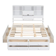 Queen Size Platform Bed with Storage Headboard and 8 Drawers, White
