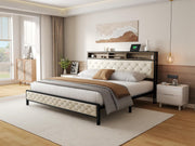 King Size Bed Frame, Platform Bed Frame with Charging Station, Upholstered Storage Headboard & Footboard Metal Slats Supports Mattress Foundation, No Box Spring Needed, Beige(No Drawers)