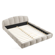 Queen Size Elegant Chenille Upholstered Platform Bed Frame, Thick Curved Headboard & Wrapped Footboard, Low Profile Floor Bed, No Box Spring Required, Easy Assembly, Beige