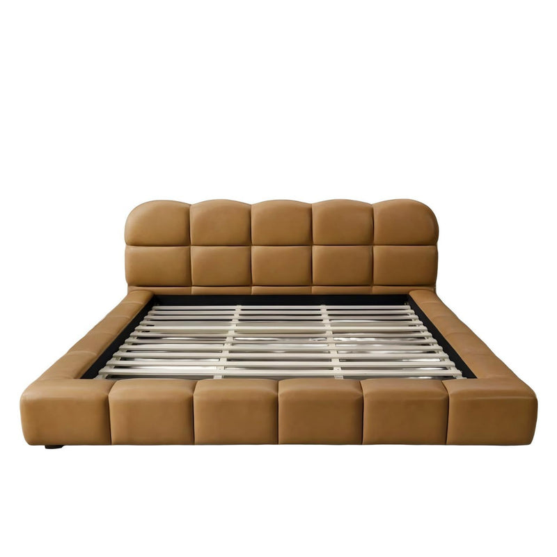 Roswell Luxurious King Size Platform Bed with Biscuit-Tufted Vegan Leather Headboard in Tan, Durable Material, 95.1 x 95.5 x 39.2 Inches