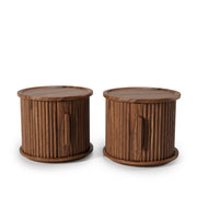 4Piece Round Coffee Table Set, Modern Nesting Side Tables with Sliding Door Storage, Walnut Finish Sofa End Table & Bedside Nightstand for Living Room & Bedroom, Fluted Roman Column Design Accent Tab