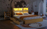 Queen Size Bed with Drawers, Wood Queen Bed with Storage Headboard and Pull Out Storage Cabinet, Wood Bed with Light and Socket,Natural(Expect Arrival Date 2626/7/30)