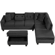 Modern Sectional Sofa With Storage Ottoman, L - Shape Couch With 2 Pillows And Cup Holders