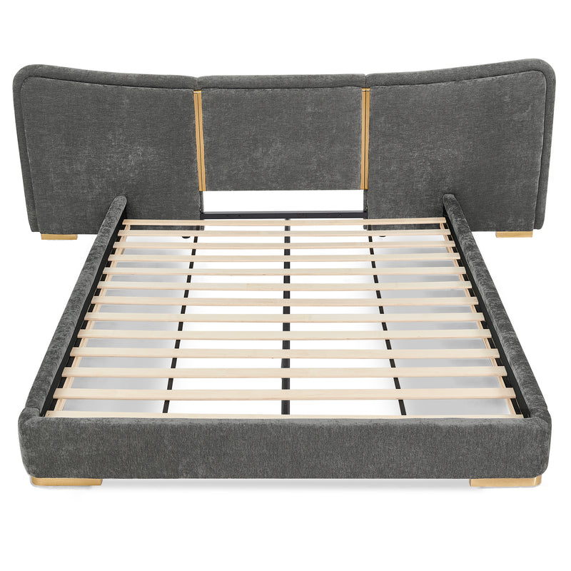 Queen Size Extra Large Platform Bed, Soft Chenille Fabric Frame, Curved Headboard, Reinforced Electroplated Metal Legs, Flexible DIY Side Space Design-Dark Gray