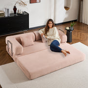 Convertible Sleeper Sofa Bed with Cylindrical Pillow, Corduroy Folding Mattress Couch with Fixed-Shape Frame, Floor Sofa Lounge Couch for Living Room Bedroom (Pink)