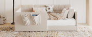 Full Size Daybed Velvet Upholstered Sofa Bed with High Side Panels and Side Entrance, Space-Saving Guest Bed with Storage Pockets, Beige