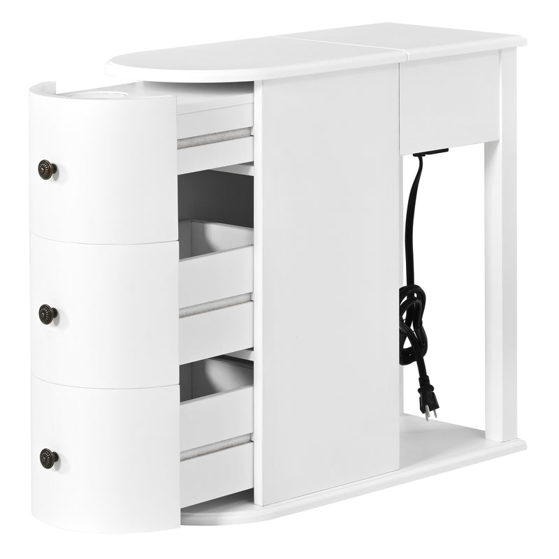 Modern End Table with Hidden Cup Holder Drawer, Charging Station & Pull-Out Side Table, Wooden Bedside Table with 2 Storage Drawers, Space Saving End Table for Bedroom & Living Room