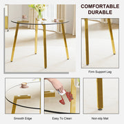 Table and chair set.Modern circular transparent tempered glass table, tempered glass tabletop, golden metal table legs.A Set of 6 Transparent Plastic Chairs with gold legs.