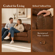 Classic Living Room Sofa Faux Leather Couch,Rolled Arm Sofa with Nails,Solid Wood Legs,Upholstered Breathable PU Leather Brown.