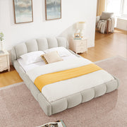 Queen Size Elegant Chenille Upholstered Platform Bed Frame, Thick Curved Headboard & Wrapped Footboard, Low Profile Floor Bed, No Box Spring Required, Easy Assembly, Beige