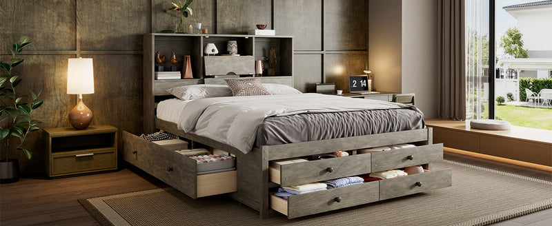 Queen Size Platform Bed with Storage Headboard and 8 Drawers, Gray